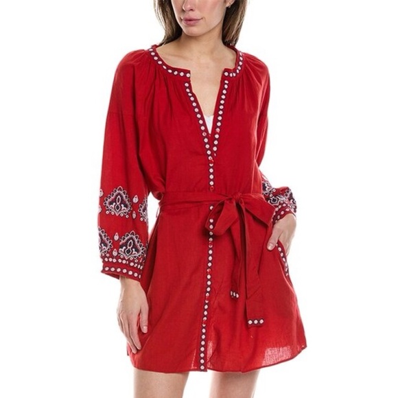 Melissa Odabash NWOT Tania Red Kaftan Dress Large Embroidered Tie Waist - Picture 14 of 16